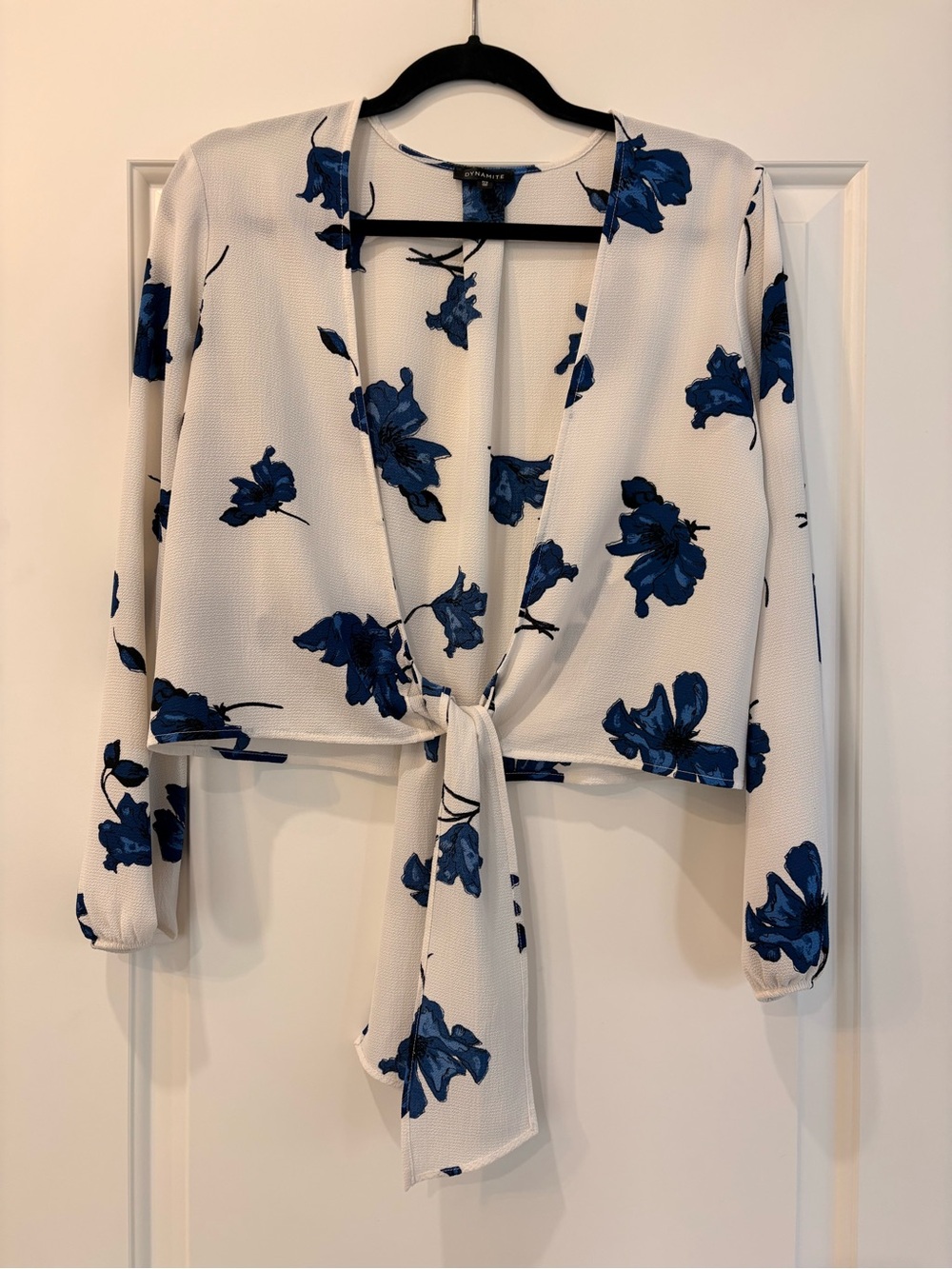 Dynamite White Blouse with Blue Floral Tie-Front